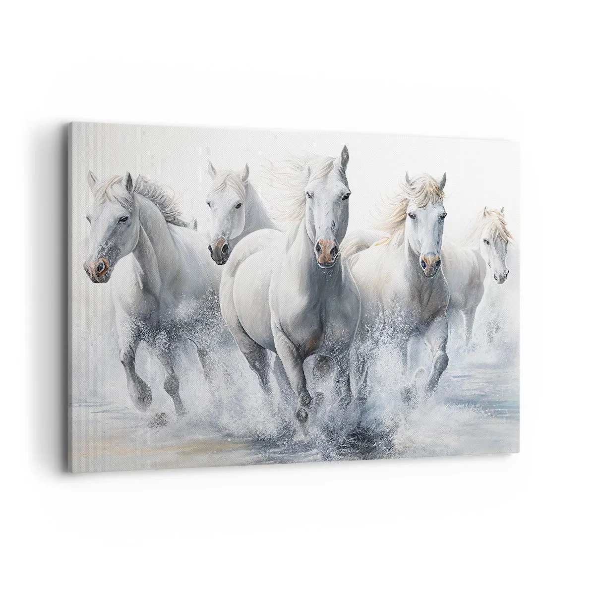 Impression sur toile - Image sur toile - Des chevaux blancs galopent dans l'eau - 100x70cm - Magie blanche - Décoration murale moderne pour le salon et la chambre ARTTOR