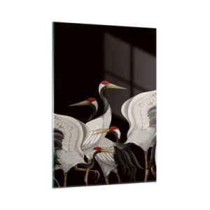 Impression sur verre - Image sur verre - Grues blanches à têtes rouges sur fond noir - 50x70cm - Histoire d'oiseaux - Décoration murale moderne pour le salon et la chambre ARTTOR