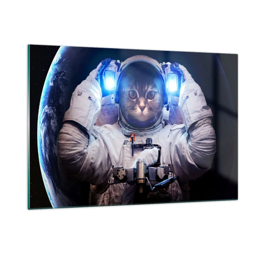 Impression sur verre - Image sur verre - Un cosmonaute à tête de chat dans l'espace - 120x80cm - Houston, vous avez un problème - Décoration murale moderne pour le salon et la chambre ARTTOR