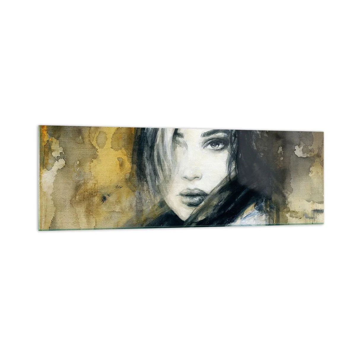 Impression sur verre - Image sur verre - Portrait d'une femme sur fond de taches abstraites dans les tons beiges - 160x50cm - plutôt innocente ou sensuelle ? - Décoration murale moderne pour le salon et la chambre ARTTOR