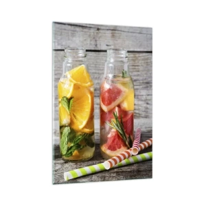 Impression sur verre - Image sur verre - Bouteilles d'eau fruitée et d'herbes sur fond de bois - 80x120cm - Sain par nature - Décoration murale moderne pour le salon et la chambre ARTTOR