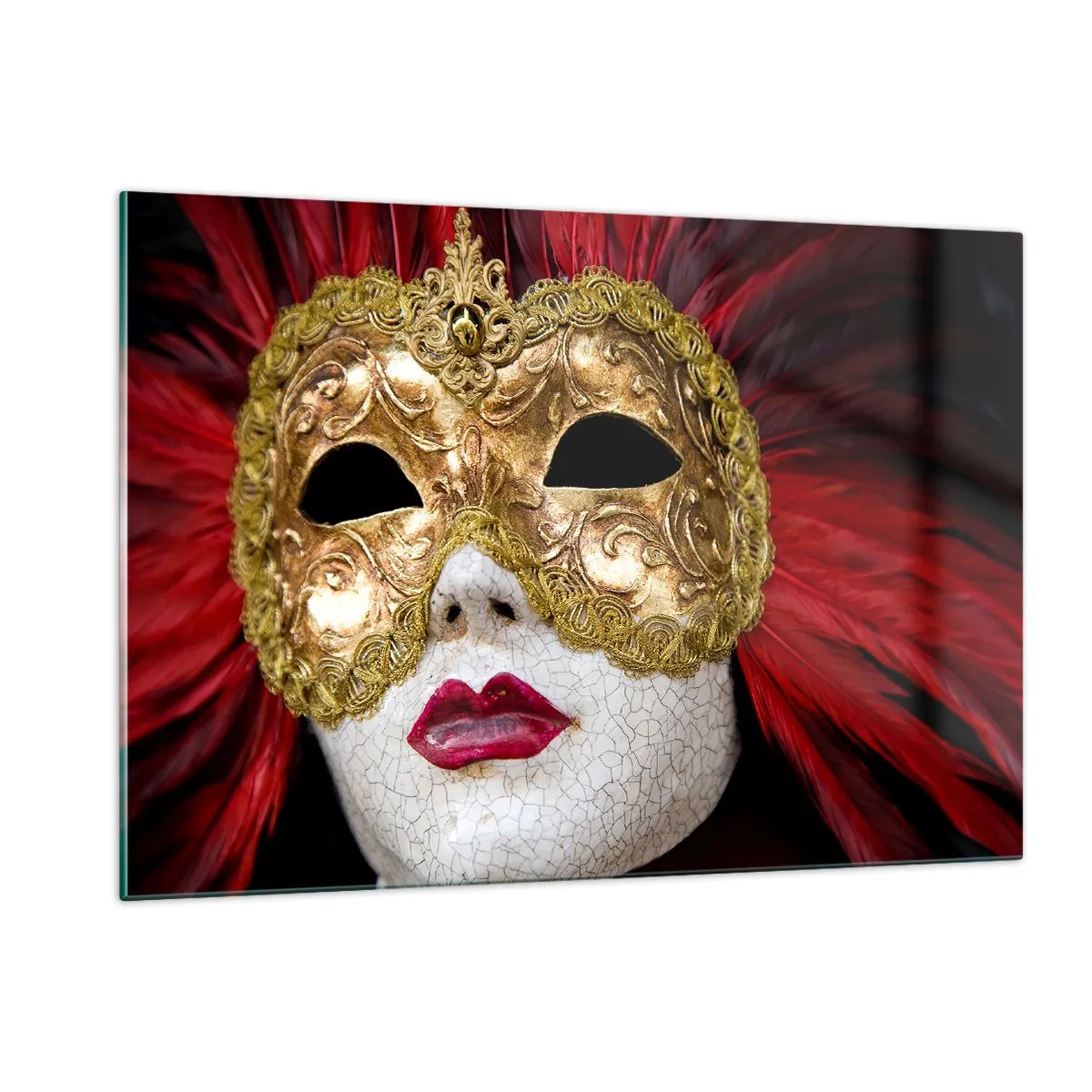 Impression sur verre - Image sur verre - Masque de carnaval doré avec plumes rouges - 120x80cm - La promesse d'une aventure carnavalesque - Décoration murale moderne pour le salon et la chambre ARTTOR