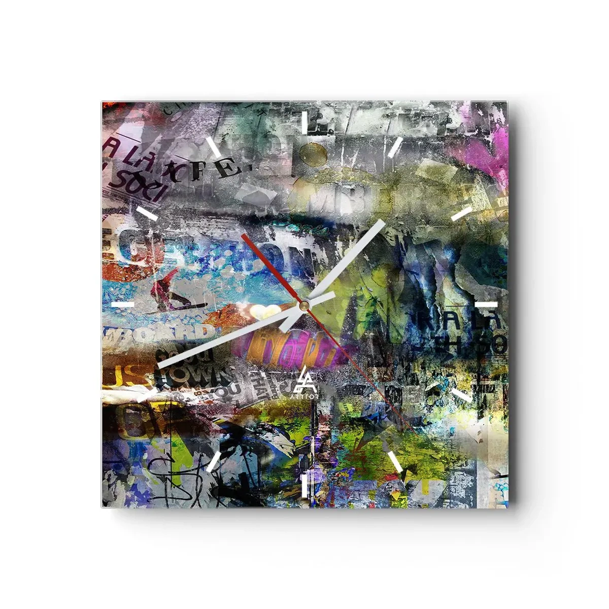 Horloge murale - Pendule murale - Collage abstrait avec texte et couleurs variées - 30x30cm - Collage de souvenirs - Décoration murale moderne pour le salon et la chambre ARTTOR