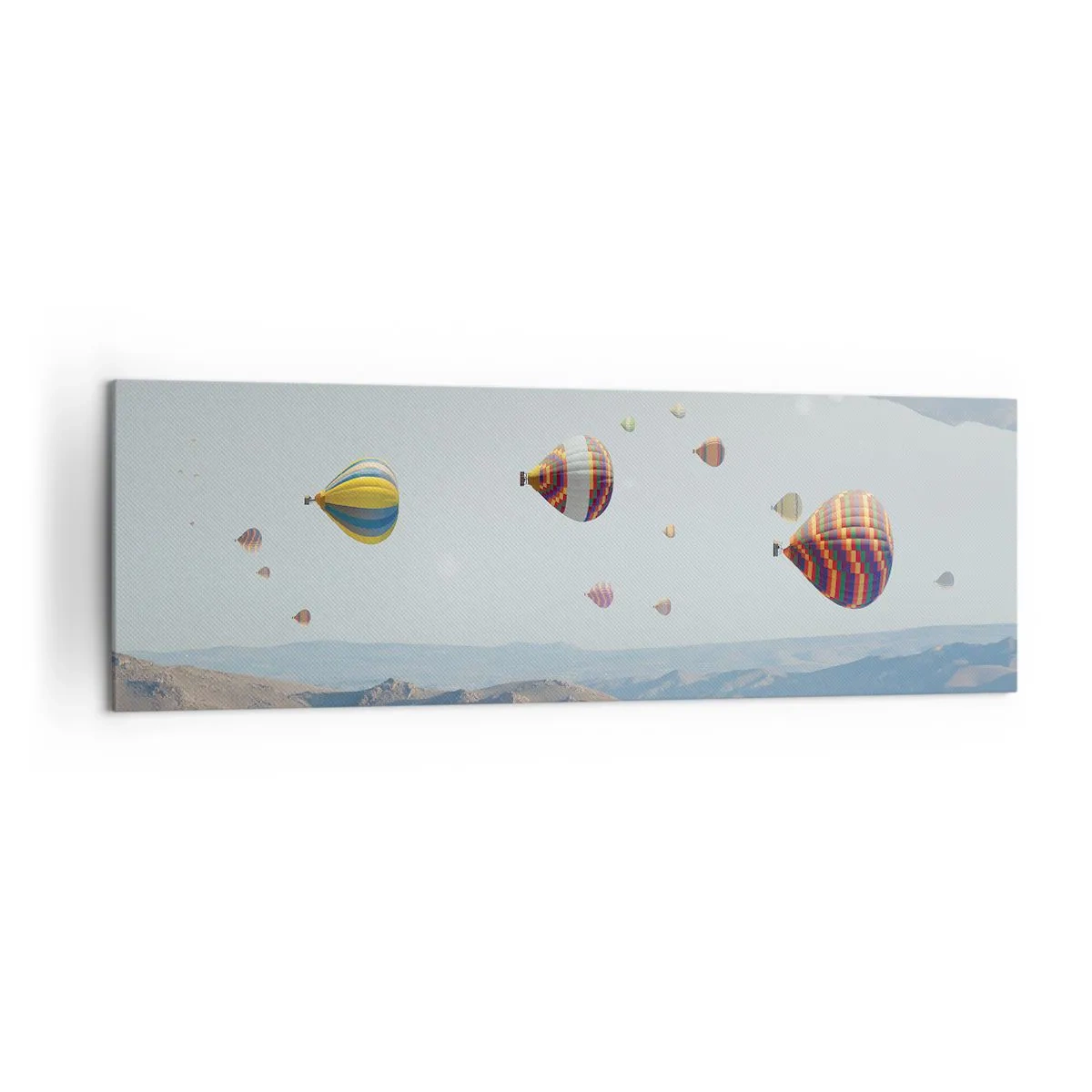 Impression sur toile - Image sur toile - Ballons colorés au-dessus d'un paysage rocheux - 160x50cm - Ici, tout est possible - Décoration murale moderne pour le salon et la chambre ARTTOR