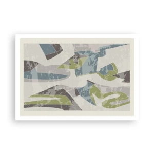 Affiche - Poster - Formes abstraites en vert et bleu sur fond clair - 100x70cm - Composition derrière la vitre - Décoration murale moderne pour le salon et la chambre ARTTOR