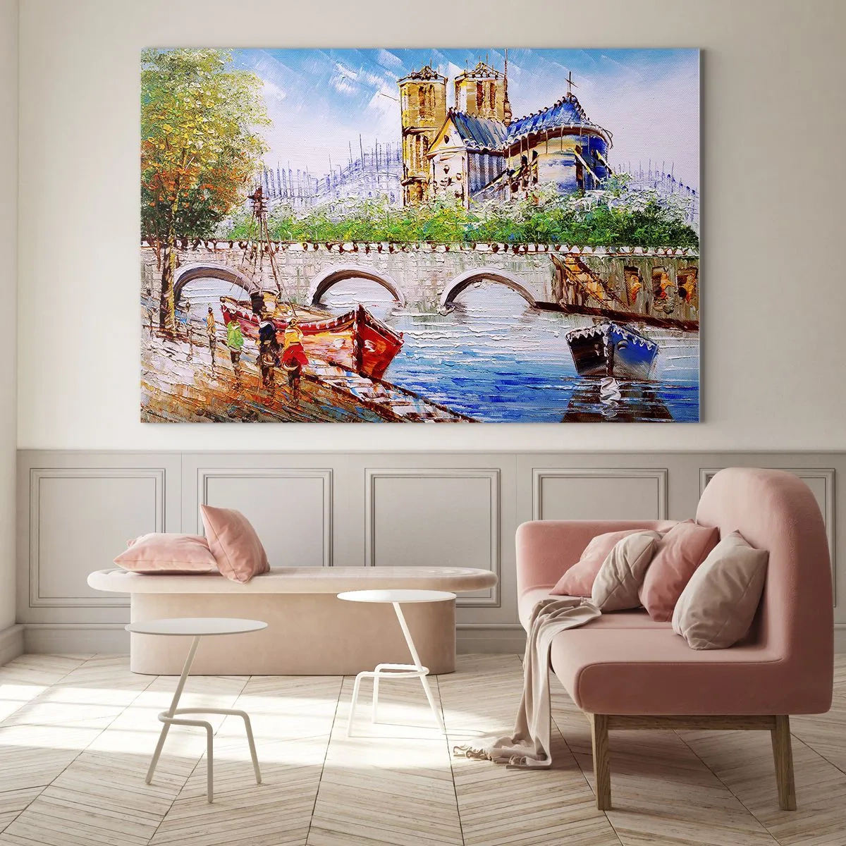 Impression sur verre - Image sur verre - Pont et bateaux sur fond de cathédrale historique - 100x70cm - Leur temps ne passe jamais - Décoration murale moderne pour le salon et la chambre ARTTOR