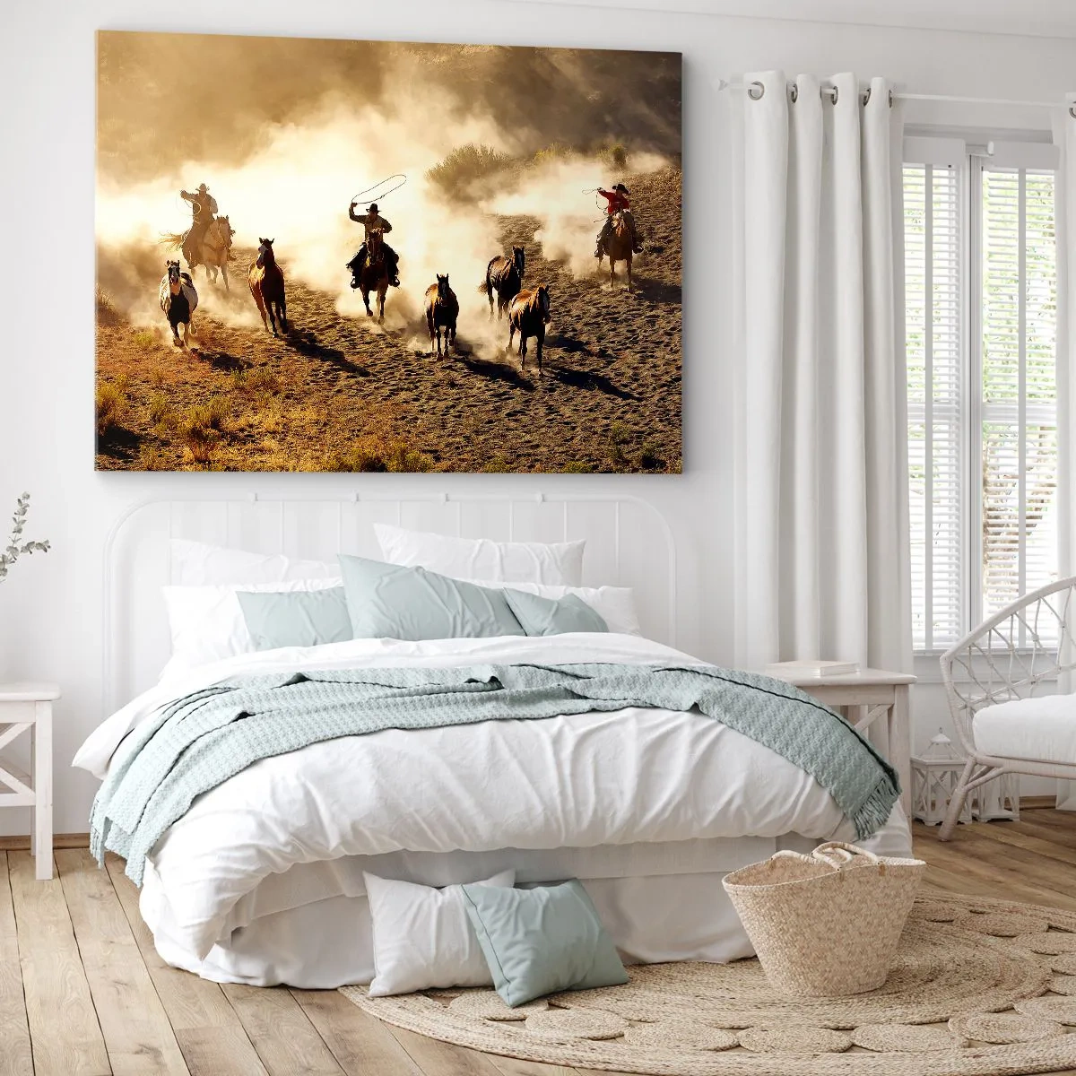 Impression sur toile - Image sur toile - Cowboys à cheval en action sur un terrain désertique - 120x80cm - L'ouest vraiment sauvage - Décoration murale moderne pour le salon et la chambre ARTTOR