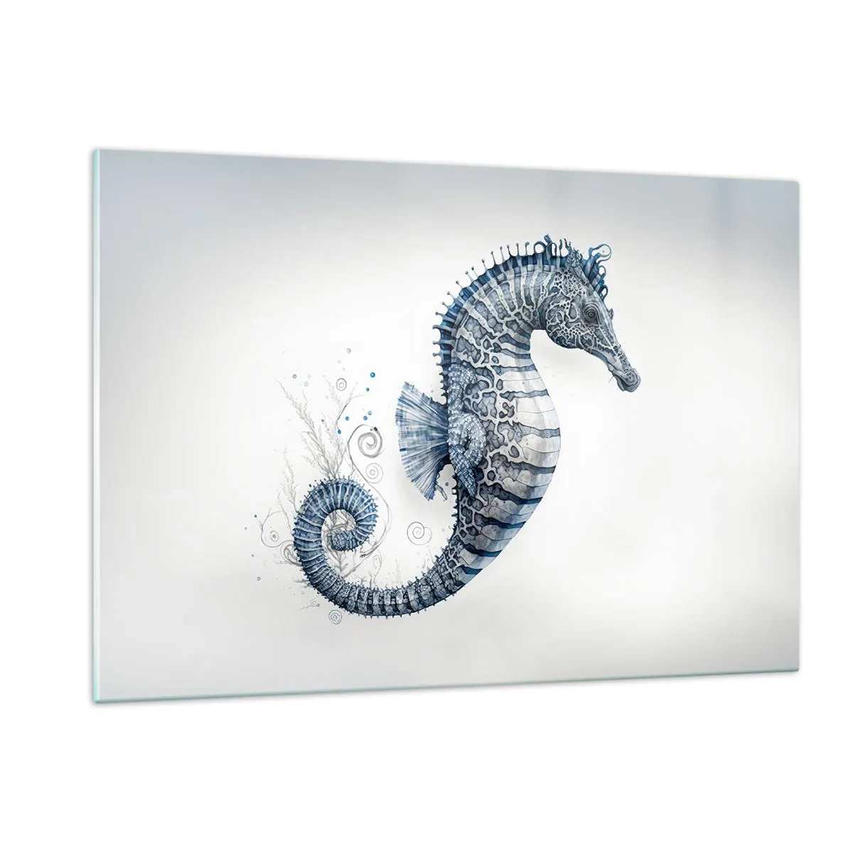 Impression sur verre - Image sur verre - Hippocampe bleu sur fond clair dans un style de dessin - 120x80cm - Une subtile plaisanterie de la nature - Décoration murale moderne pour le salon et la chambre ARTTOR