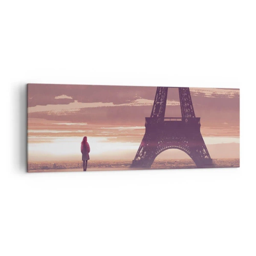 Impression sur toile - Image sur toile - Une silhouette regardant la Tour Eiffel à la lumière du soleil couchant - 140x50cm - Seulement deux d'entre eux - Décoration murale moderne pour le salon et la chambre ARTTOR