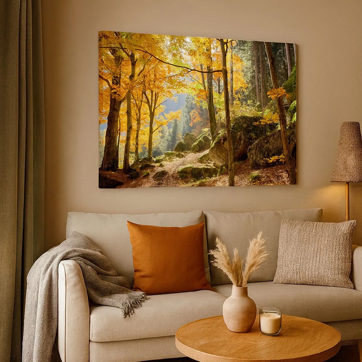 Impression sur toile - Image sur toile - Une forêt d'automne pleine de feuilles dorées et de soleil - 70x50cm - Il est temps de se détendre - Décoration murale moderne pour le salon et la chambre ARTTOR
