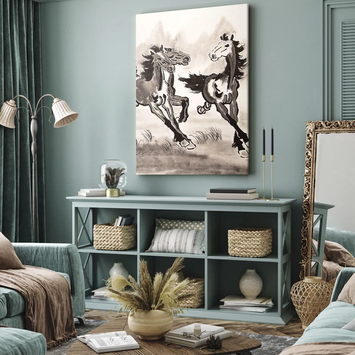 Impression sur toile - Image sur toile - Graphiques dynamiques de chevaux au galop dans un style oriental - 50x70cm - Dans un joyeux galop - Décoration murale moderne pour le salon et la chambre ARTTOR