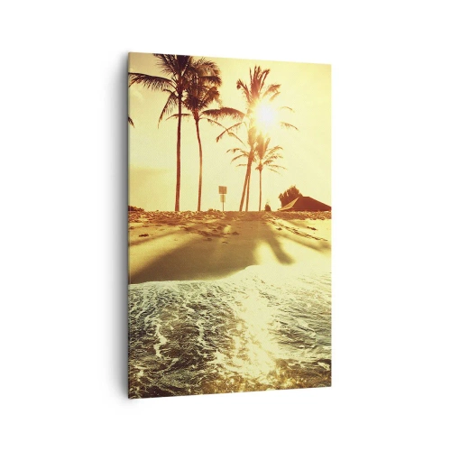 Impression sur toile - Image sur toile - Une plage avec des palmiers illuminée par un coucher de soleil chaud - 80x120cm - Après-midi californien - Décoration murale moderne pour le salon et la chambre ARTTOR