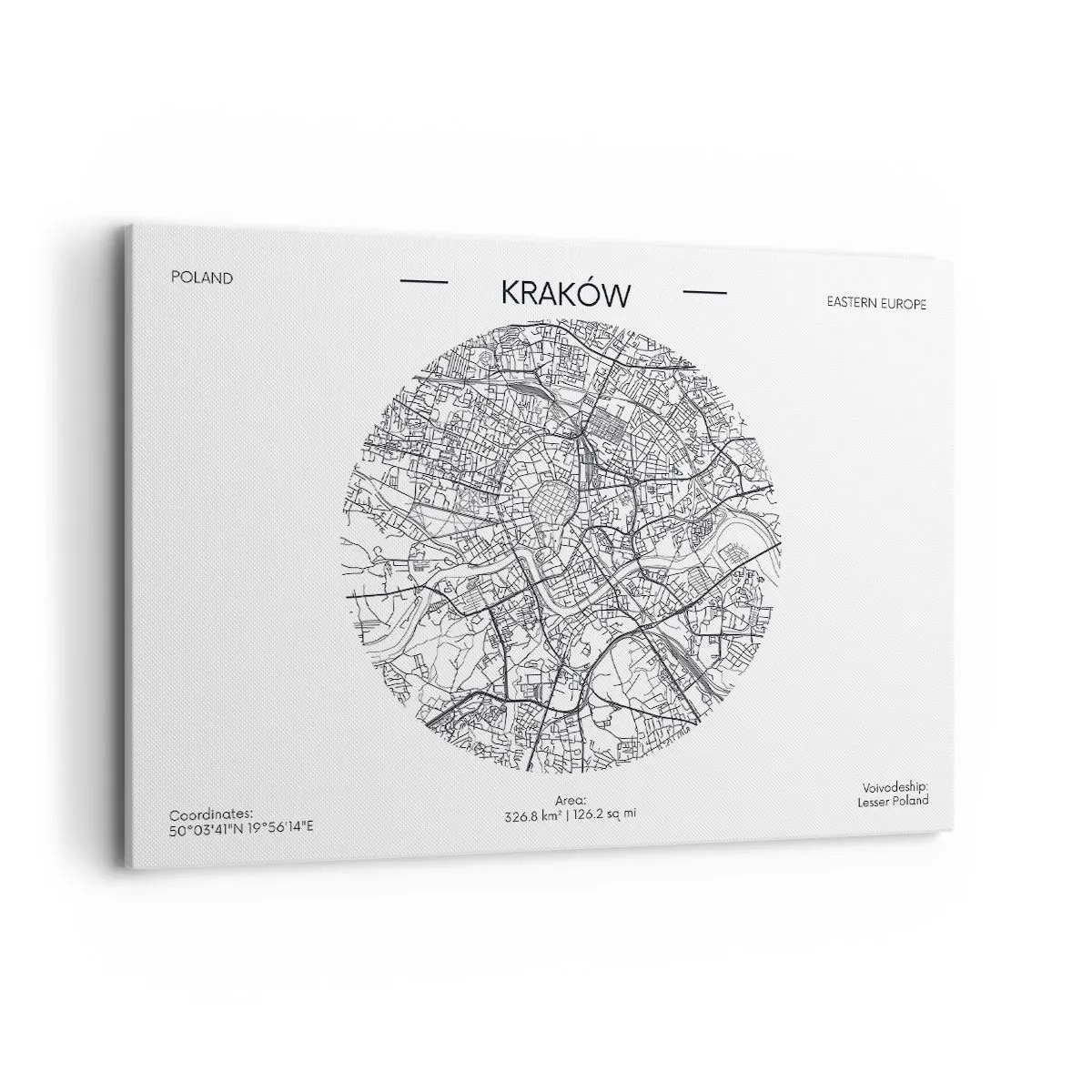 Impression sur toile - Image sur toile - Une carte de Cracovie dans un style minimaliste - 100x70cm - Anatomie de Cracovie - Décoration murale moderne pour le salon et la chambre ARTTOR