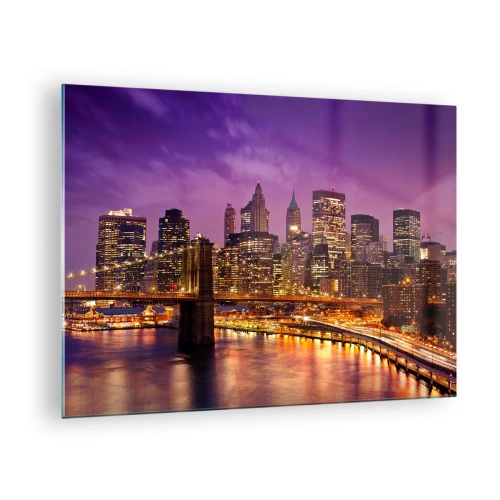 Impression sur verre - Image sur verre - Vue nocturne de New York avec le pont de Brooklyn - 70x50cm - Manhathann or violet - Décoration murale moderne pour le salon et la chambre ARTTOR