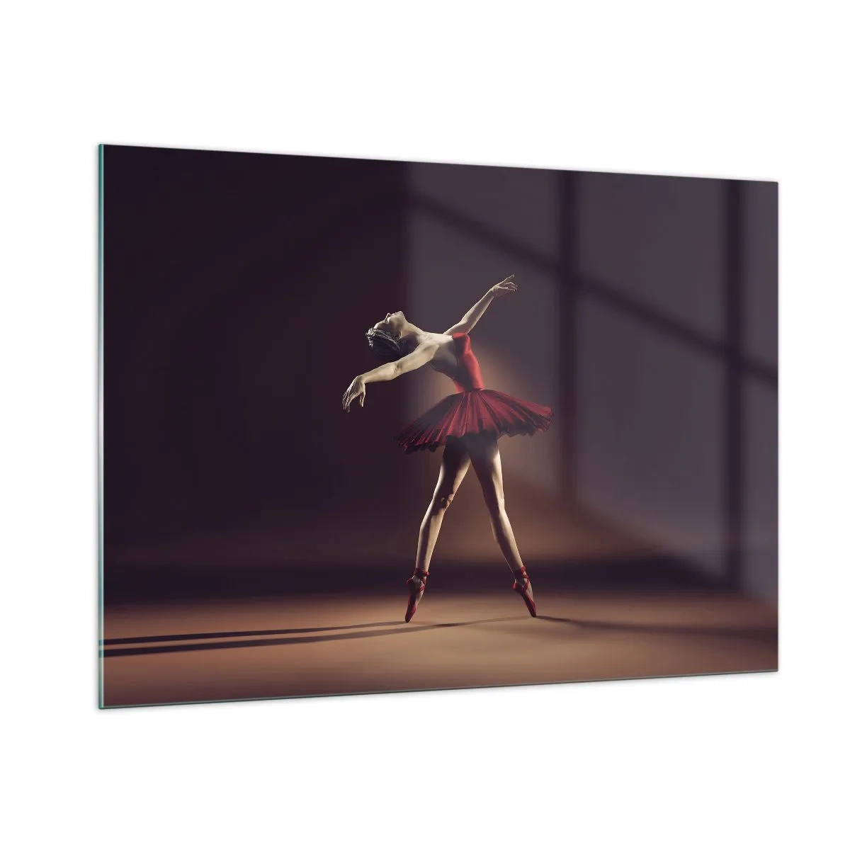 Impression sur verre - Image sur verre - Une ballerine en robe rouge dans une pose dynamique - 100x70cm - Une danseuse étoile - Décoration murale moderne pour le salon et la chambre ARTTOR