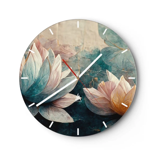 Horloge murale - Pendule murale - Fleurs de lotus sur fond de surface vert-bleu du lac - 30x30cm - Les étoiles du lac - Décoration murale moderne pour le salon, la cuisine et la chambre ARTTOR