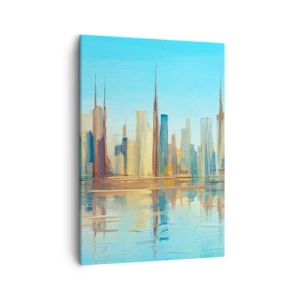 Impression sur toile - Image sur toile - Un panorama de la ville aux couleurs chaudes avec reflet dans l'eau - 50x70cm - Une métropole ensoleillée - Décoration murale moderne pour le salon et la chambre ARTTOR