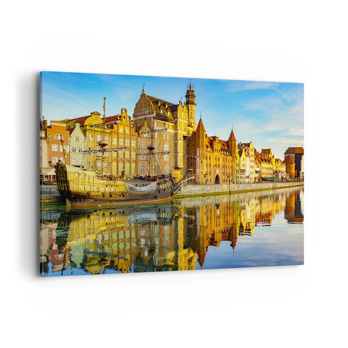 Impression sur toile - Image sur toile - Une vue pittoresque de la vieille ville avec un voilier et de l'eau - 100x70cm - Reflet dans le miroir du passé - Décoration murale moderne pour le salon et la chambre ARTTOR