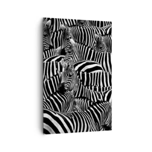 Impression sur toile - Image sur toile - Un groupe de zèbres avec des rayures noires et blanches créant un motif de symétrie. - 80x120cm - Portrait collectif à rayures - Décoration murale moderne pour le salon et la chambre ARTTOR