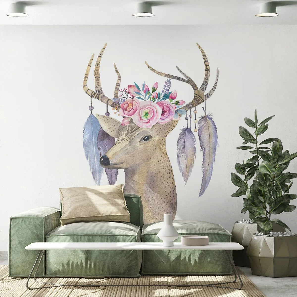 Papier Peint Photo Premium Sand - Cerf de style bohème avec des fleurs et des plumes sur les bois - 100x70cm - Guide de l'âme - doux, innocent - Décoration murale moderne pour le salon et la chambre ARTTOR