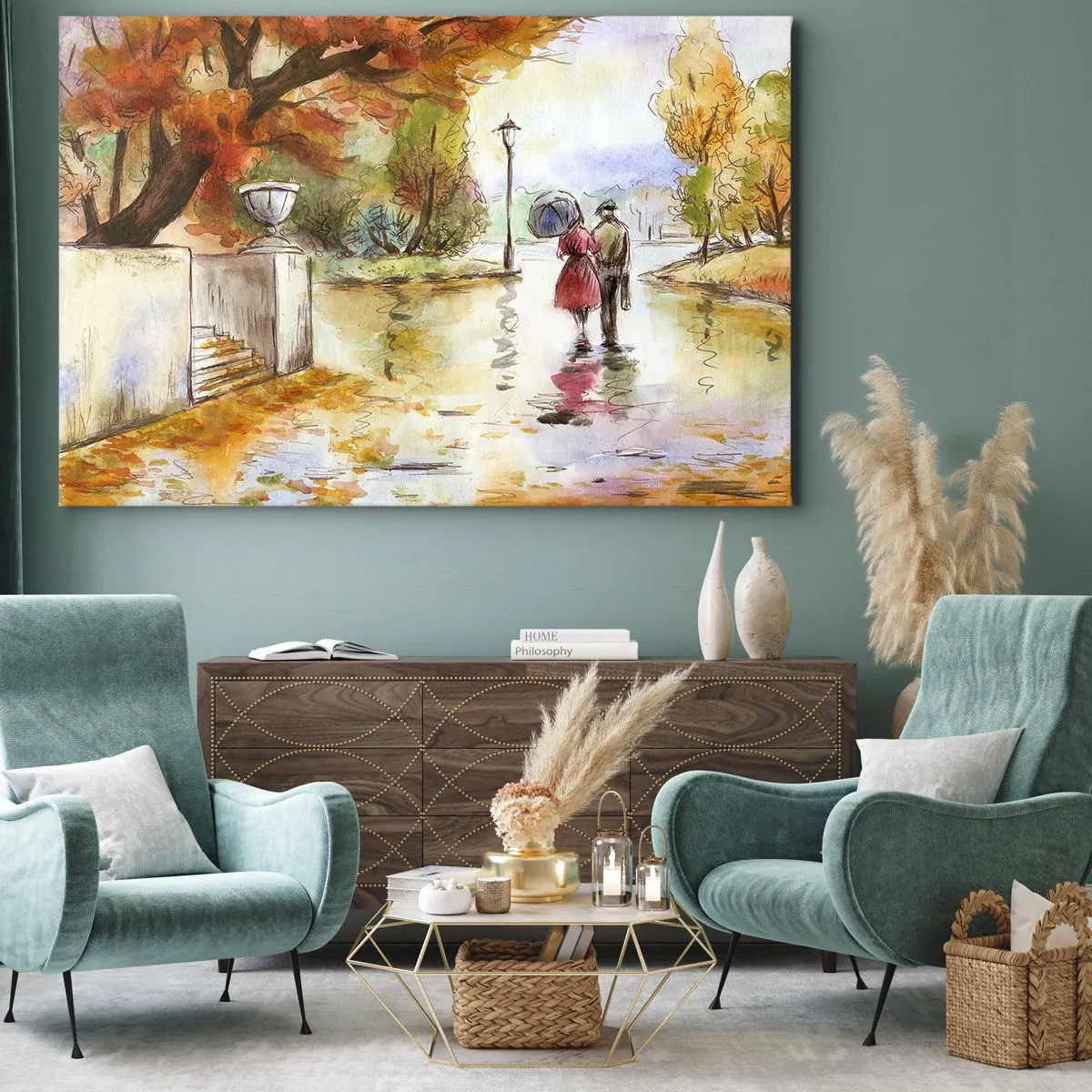Impression sur toile - Image sur toile - Une promenade dans le parc d'automne avec un parapluie - 120x80cm - Automne romantique dans le parc - Décoration murale moderne pour le salon et la chambre ARTTOR