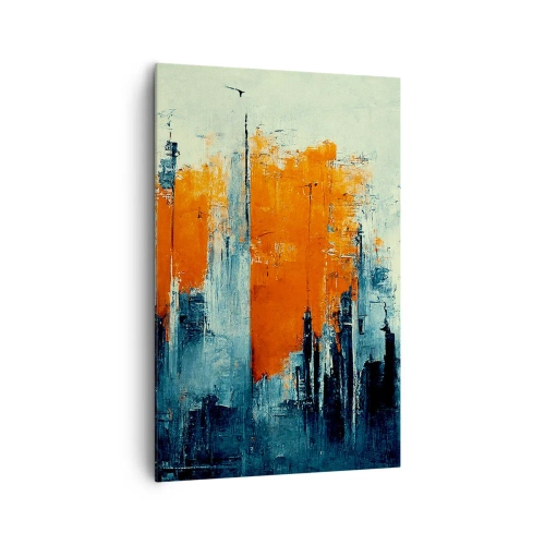 Impression sur toile - Image sur toile - Paysage urbain abstrait dans des tons orange et bleu - 80x120cm - Paysage moderne - Décoration murale moderne pour le salon et la chambre ARTTOR