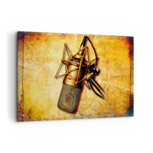 Impression sur toile - Image sur toile - Un microphone de studio doré sur un fond vintage aux tons chauds. - 120x80cm - Les années d'or de la radio - Décoration murale moderne pour le salon et la chambre ARTTOR