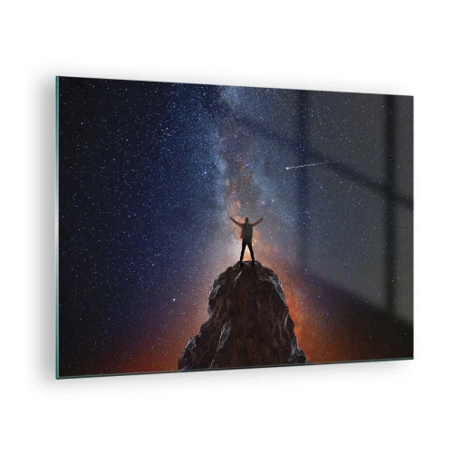 Impression sur verre - Image sur verre - Silhouette d'un homme au sommet d'un rocher sous un ciel étoilé - 70x50cm - Le force est avec moi! - Décoration murale moderne pour le salon et la chambre ARTTOR