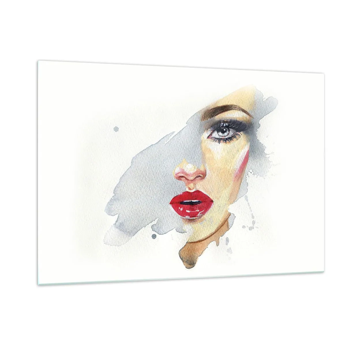 Impression sur verre - Image sur verre - Portrait à l'aquarelle d'une femme aux lèvres rouges - 120x80cm - Reflet dans une goutte d'eau - Décoration murale moderne pour le salon et la chambre ARTTOR