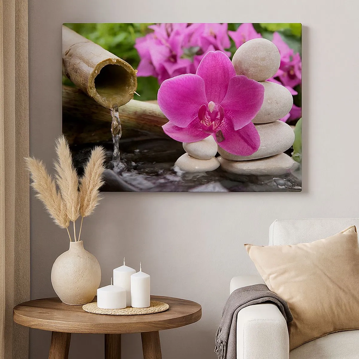 Impression sur toile - Image sur toile - Orchidée violette, pierres et bambou avec de l'eau dans un cadre relaxant - 70x50cm - Tu te reposes déjà - Décoration murale moderne pour le salon et la chambre ARTTOR