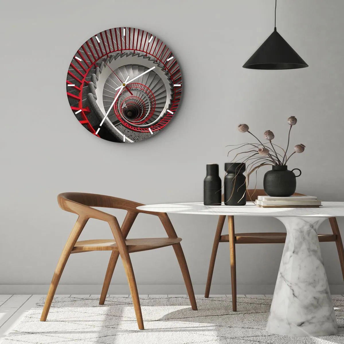 Horloge murale - Pendule murale - Perspective de l'escalier en colimaçon avec rampes rouges - 30x30cm - Amusement architectural - Décoration murale moderne pour le salon, la cuisine et la chambre ARTTOR