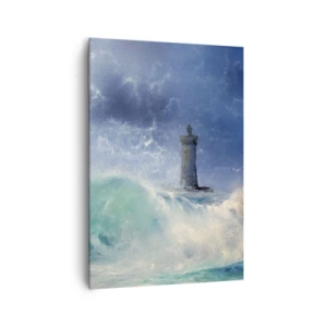 Impression sur toile - Image sur toile - Un phare entouré de vagues agitées et de nuages - 70x100cm - En garde contre les éléments - Décoration murale moderne pour le salon et la chambre ARTTOR
