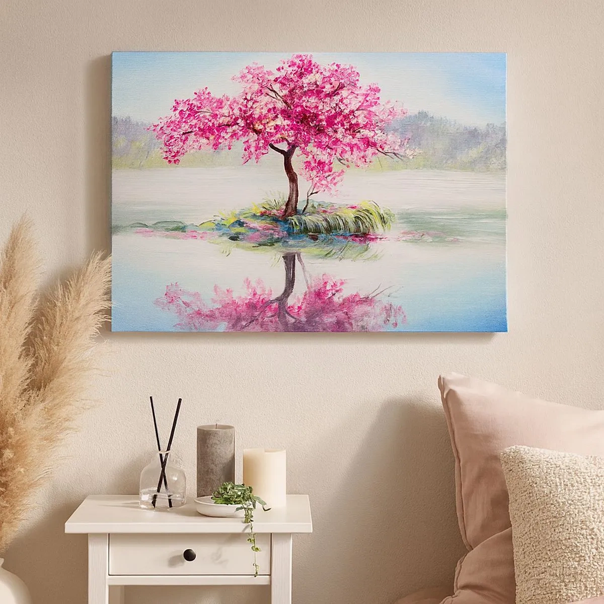 Impression sur toile - Image sur toile - Un arbre en fleurs sur une eau calme - 70x50cm - Fête du Printemps - Décoration murale moderne pour le salon et la chambre ARTTOR