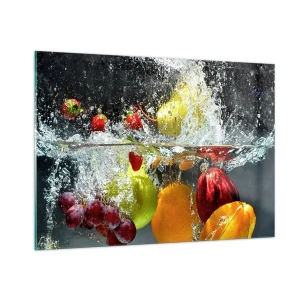 Impression sur verre - Image sur verre - Fruits immergés dans l'eau avec des éclaboussures dynamiques - 100x70cm - Rafraîchissement fruité - Décoration murale moderne pour le salon et la chambre ARTTOR