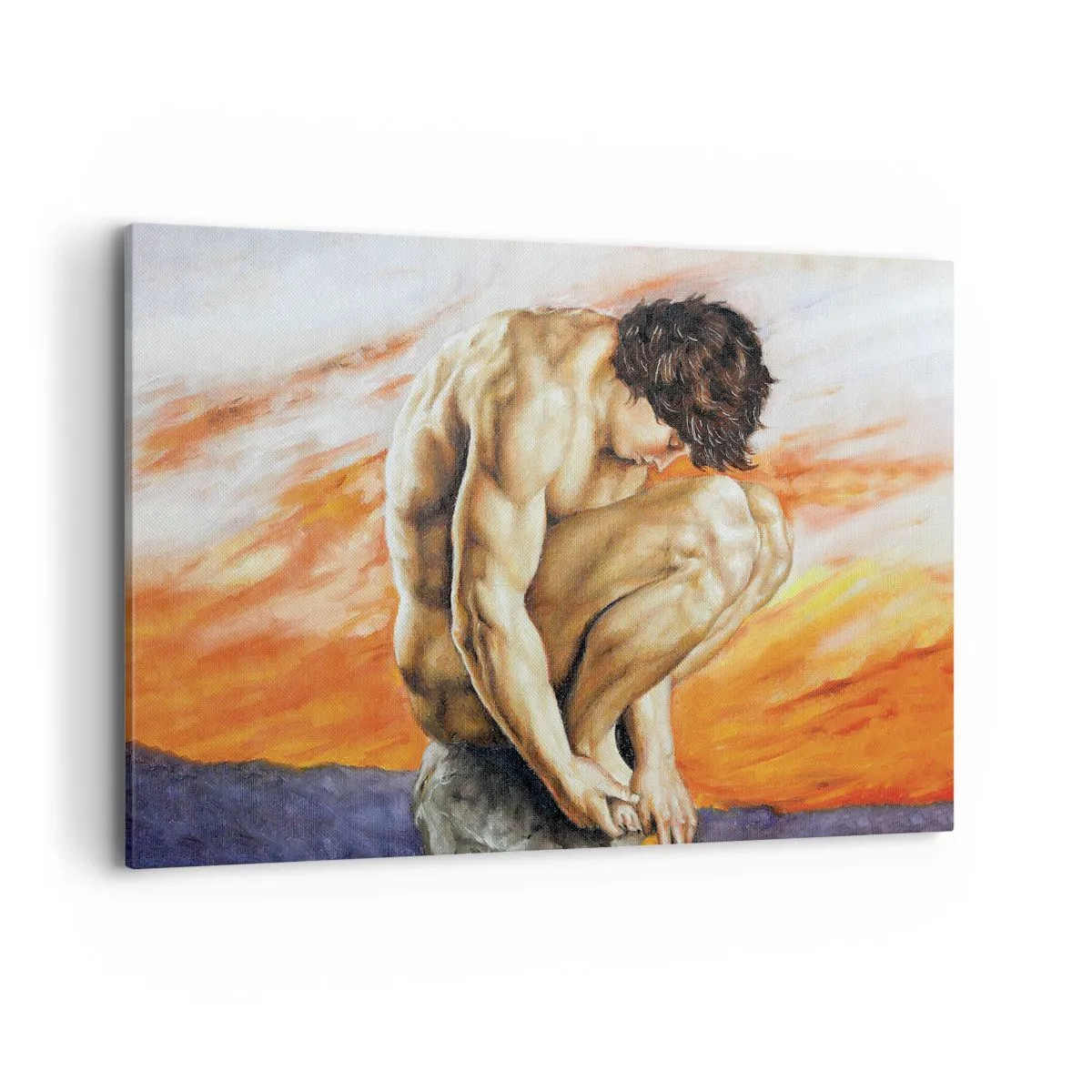 Impression sur toile - Image sur toile - Un homme perdu dans ses pensées sur fond de coucher de soleil - 100x70cm - Plongé dans ses pensées - Décoration murale moderne pour le salon et la chambre ARTTOR