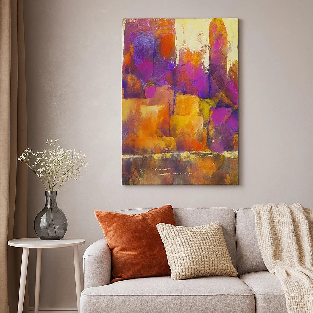Impression sur toile - Image sur toile - Composition abstraite d'une métropole dans les tons jaune et violet - 50x70cm - Composition métropolitaine - Décoration murale moderne pour le salon et la chambre ARTTOR