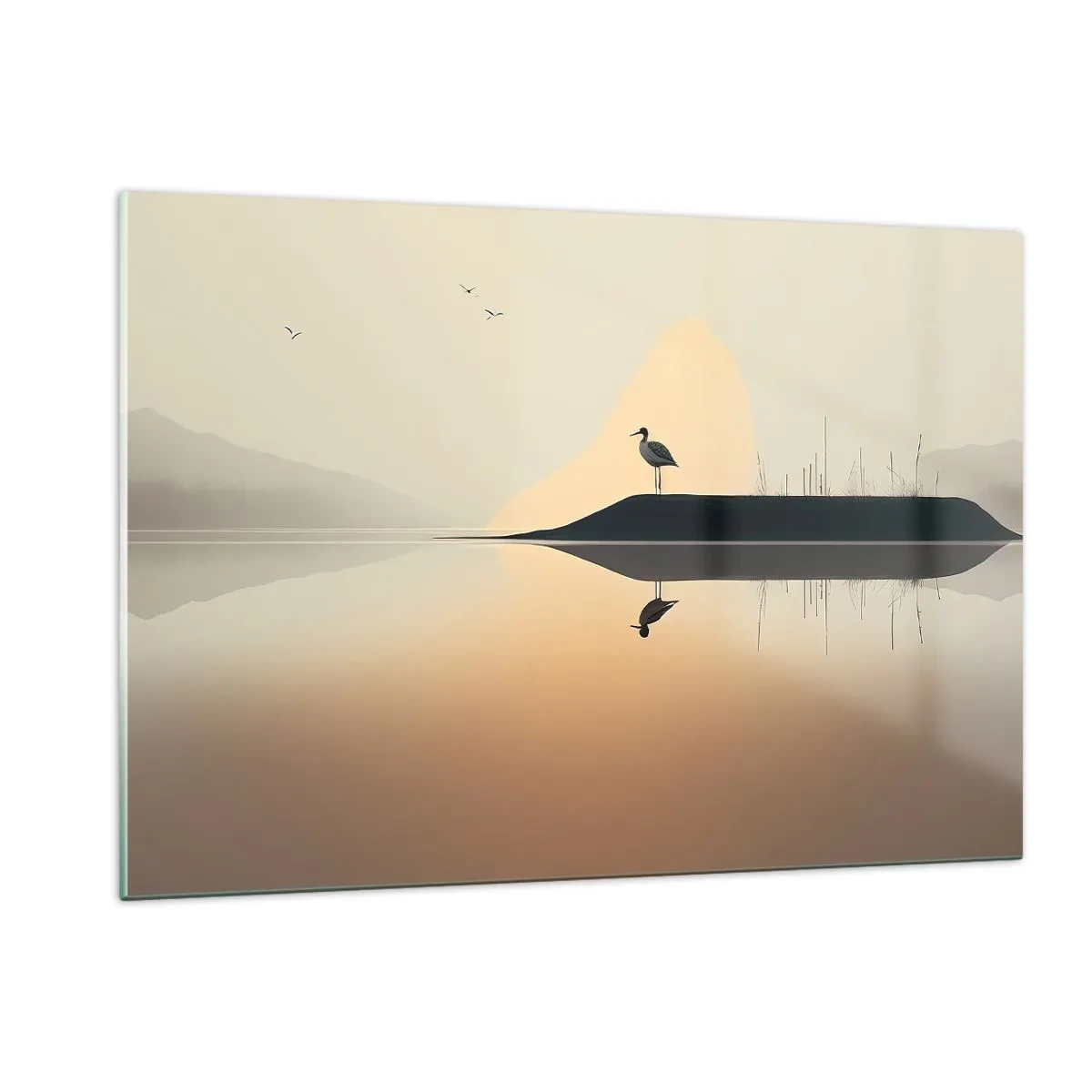Impression sur verre - Image sur verre - Un héron debout sur une île dans les eaux calmes d'un lac - 120x80cm - Le seigneur du lac - Décoration murale moderne pour le salon et la chambre ARTTOR