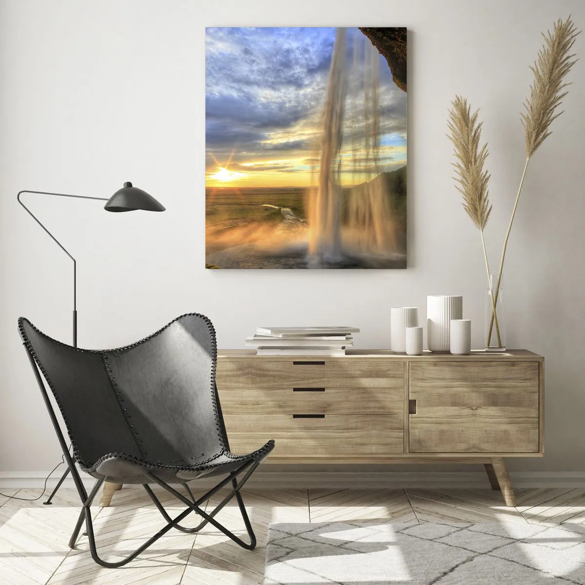 Impression sur verre - Image sur verre - Cascade avec vue sur le coucher de soleil et la vallée - 50x70cm - Le monde derrière un voile de gouttes - Décoration murale moderne pour le salon et la chambre ARTTOR