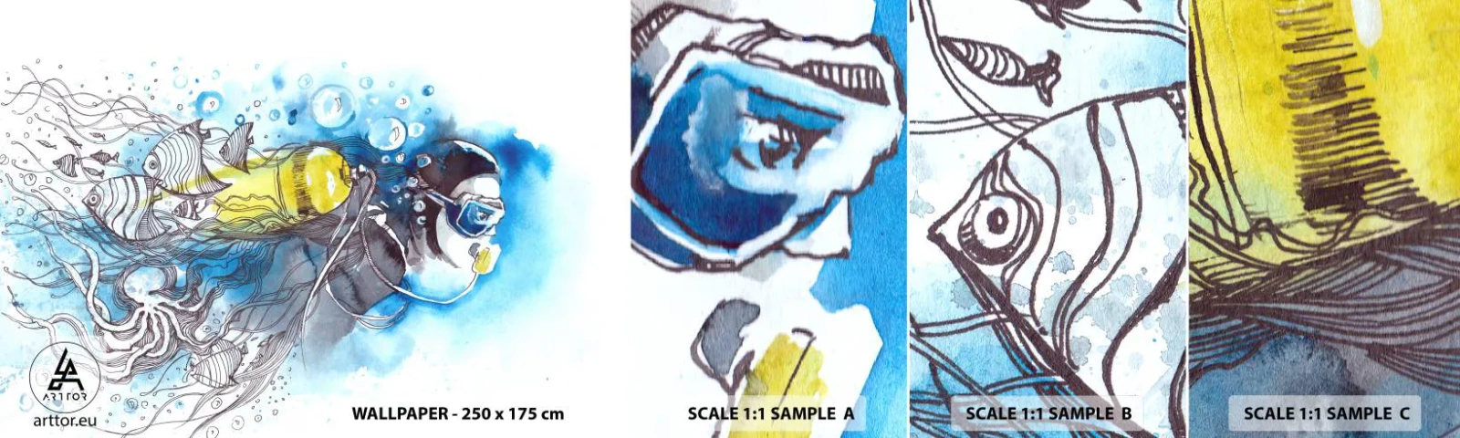 Échantillon de Papier Peint Autocollant Deluxe Sticker - Le grand bleu - Plongée, Poisson, sport - 100x30 cm