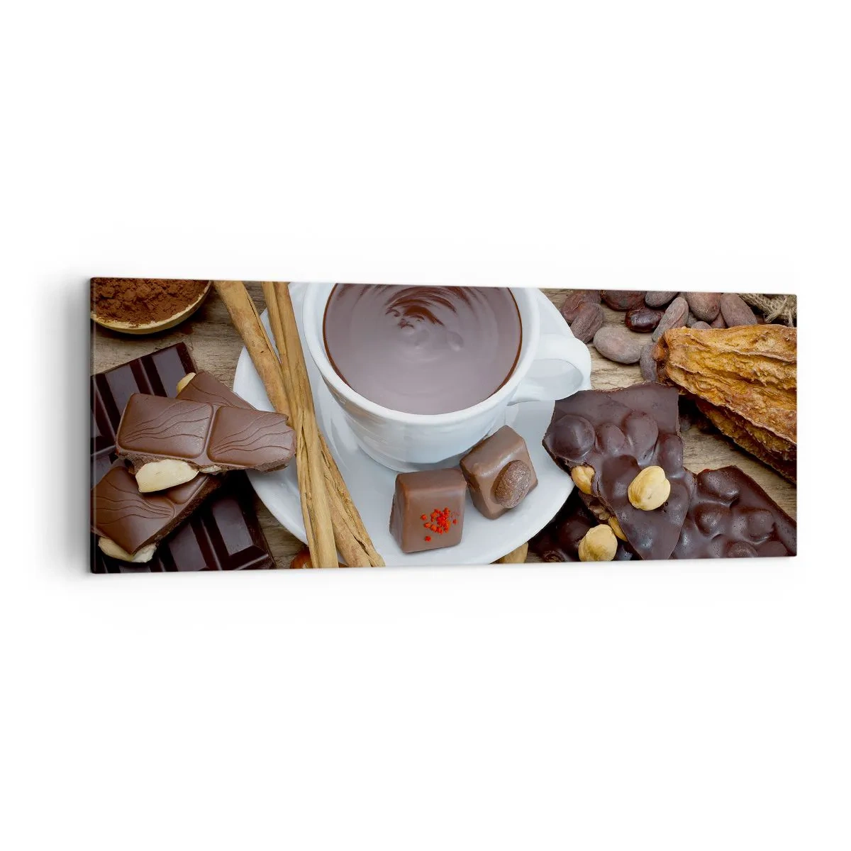 Impression sur toile - Image sur toile - Une tasse de chocolat chaud entourée d'ingrédients de dessert - 140x50cm - D'une chocolaterie de conte de fées - Décoration murale moderne pour le salon et la chambre ARTTOR