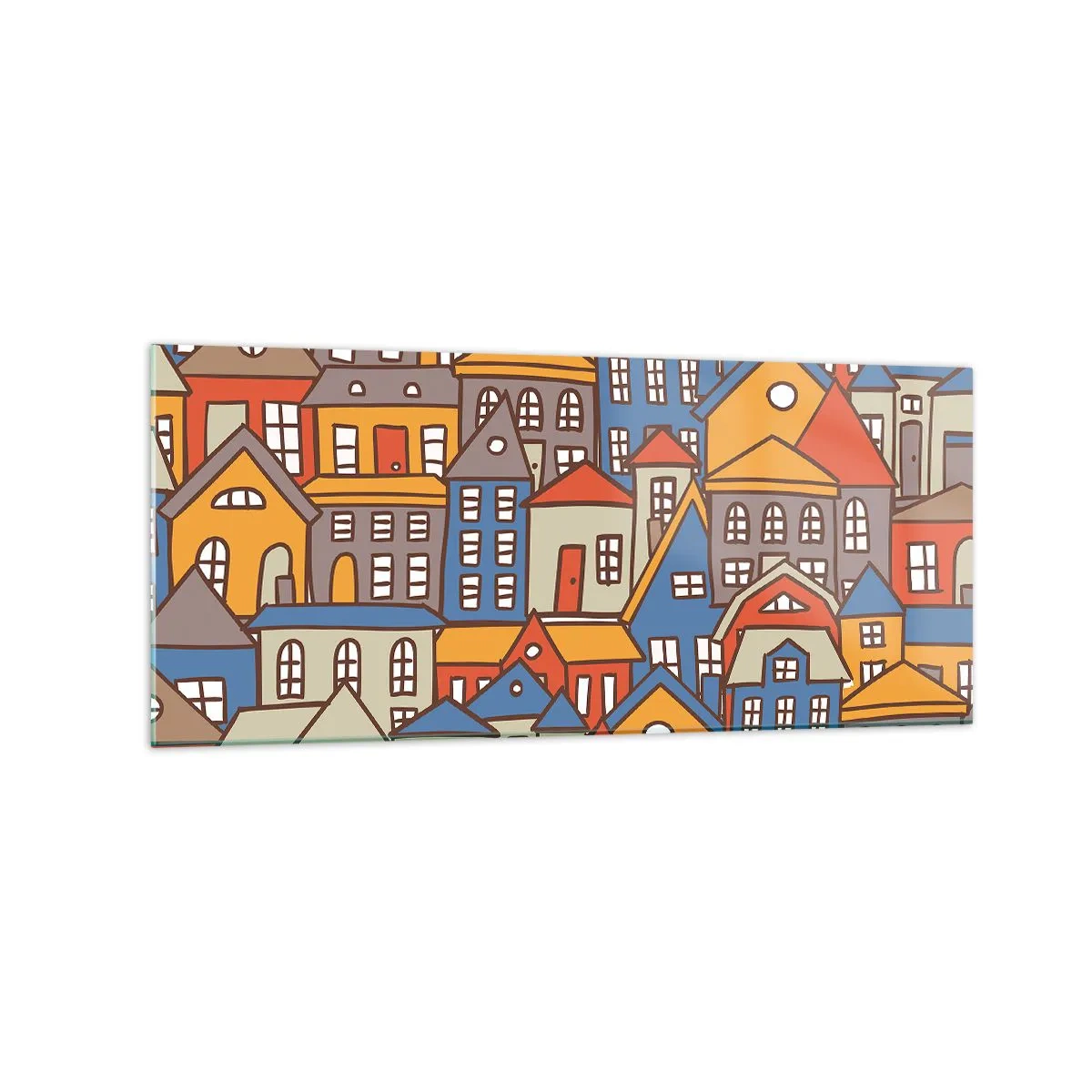 Impression sur verre - Image sur verre - Maisons colorées dans un style graphique sur fond clair - 120x50cm - Derrière la maison, une maison - Décoration murale moderne pour le salon et la chambre ARTTOR
