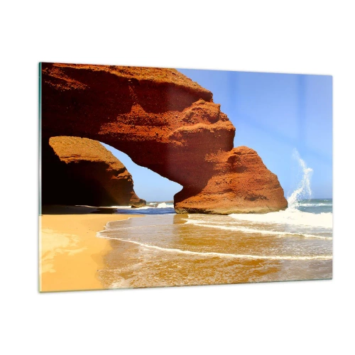Impression sur verre - Image sur verre - Arches de roche rouge sur la plage et l'océan - 120x80cm - L'eau et le vent depuis des milliers d'années - Décoration murale moderne pour le salon et la chambre ARTTOR