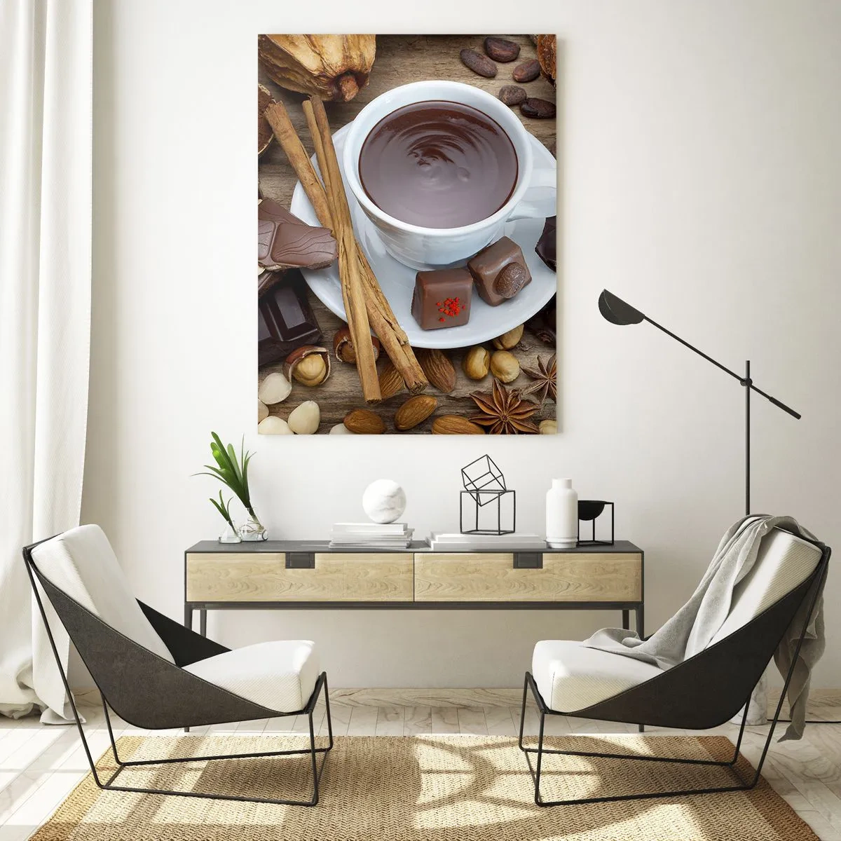 Impression sur verre - Image sur verre - Une tasse de chocolat chaud entourée d'ingrédients de dessert - 80x120cm - D'une chocolaterie de conte de fées - Décoration murale moderne pour le salon et la chambre ARTTOR