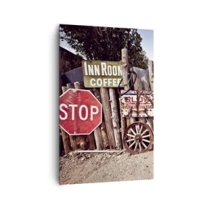 Impression sur toile - Image sur toile - Décorations rustiques avec des panneaux et une roue sur la clôture - 80x120cm - Et le temps s'est arrêté - Décoration murale moderne pour le salon et la chambre ARTTOR