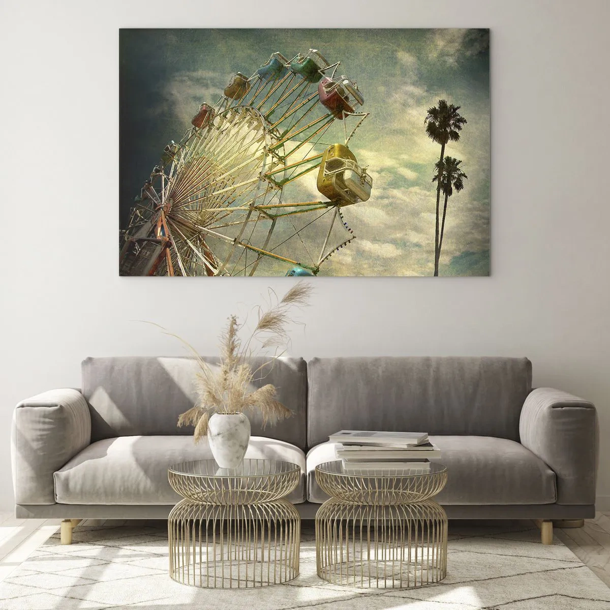 Impression sur verre - Image sur verre - Une grande roue contre le ciel et des palmiers dans un style rétro - 120x80cm - On va faire la fête - Décoration murale moderne pour le salon et la chambre ARTTOR