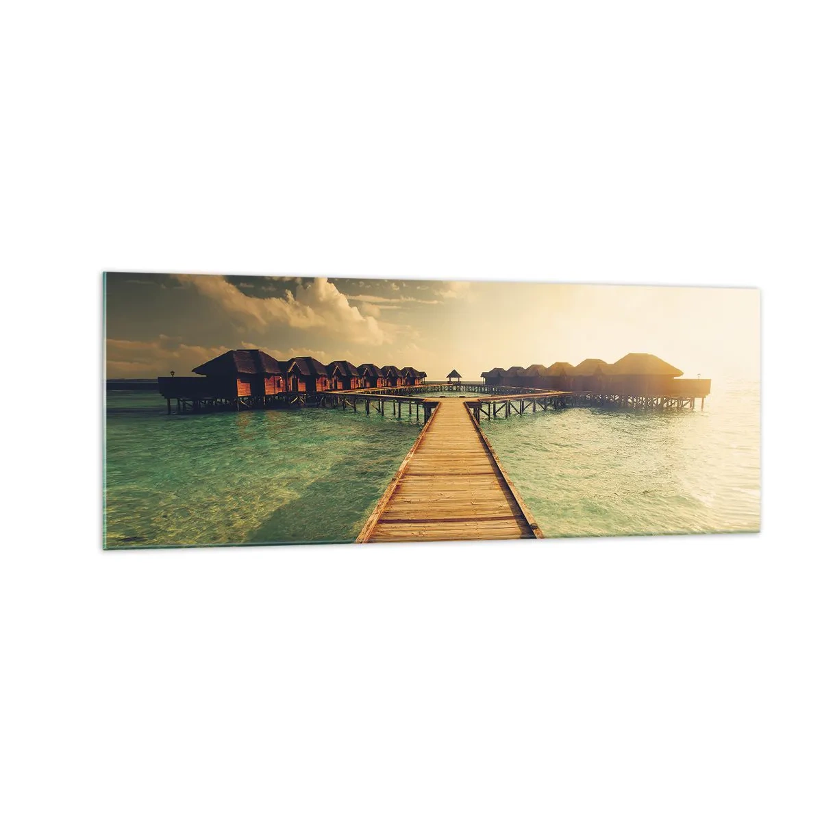 Impression sur verre - Image sur verre - Une jetée en bois menant aux maisons sur l'eau, illuminée par les rayons du soleil. - 140x50cm - Invitation chaleureuse - Décoration murale moderne pour le salon et la chambre ARTTOR