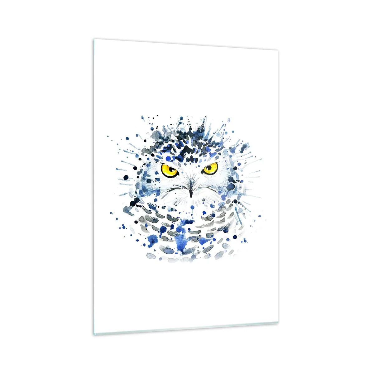Impression sur verre - Image sur verre - Portrait artistique d'un hibou aux yeux jaunes et aux détails abstraits. - 50x70cm - Droit dans les yeux - Décoration murale moderne pour le salon et la chambre ARTTOR