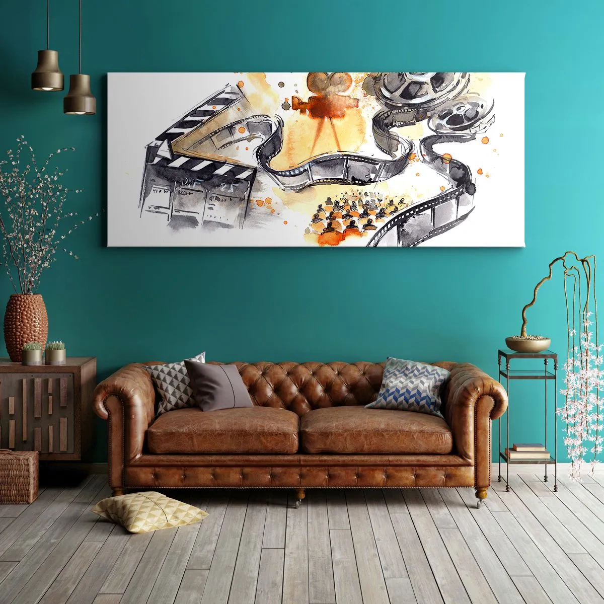 Impression sur toile - Image sur toile - Le symbolisme du cinéma avec une pellicule dans une aquarelle artistique - 140x50cm - Au pays des rêves - Décoration murale moderne pour le salon et la chambre ARTTOR