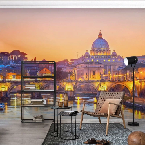 Papier Peint Photo Premium Canvas - Panorama du Vatican au coucher du soleil avec un pont sur la rivière - 100x70cm - Coucher de soleil sur la ville éternelle - Décoration murale moderne pour le salon et la chambre ARTTOR