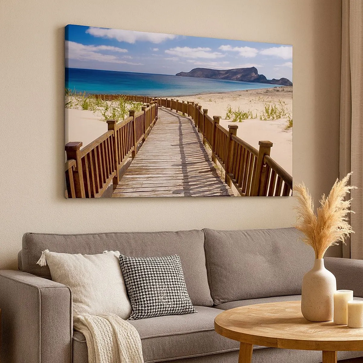 Impression sur toile - Image sur toile - Chemin en bois menant à la plage avec vue sur l'océan - 70x50cm - Emmène-moi dans les îles du bonheur - Décoration murale moderne pour le salon et la chambre ARTTOR